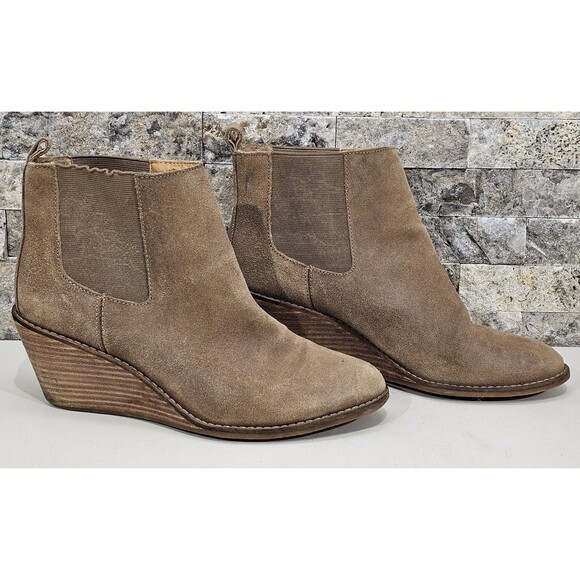Lucky Brand Womens Ankle Boots Suede Leather Wedge Heel Booties Camel Boho Sz 8 - Picture 1 of 11